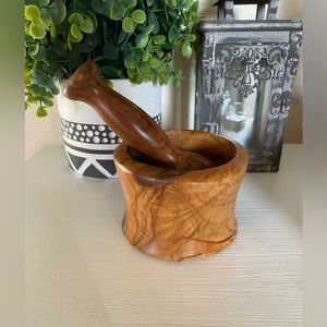 Vintage Wooden Hand Turned Mortar And Pestle natural bowl 4x3”